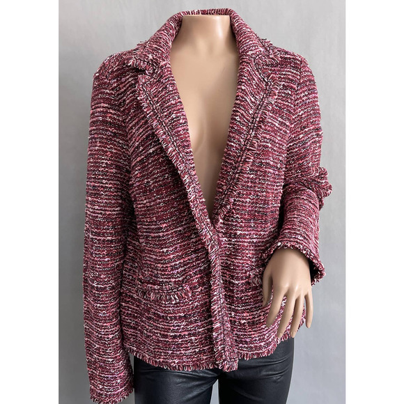 Chico's Jackets & Blazers - Chico's Sweater Women 2 L Structured Jacket Blazer Pink Knit Tweed Fringe Office
